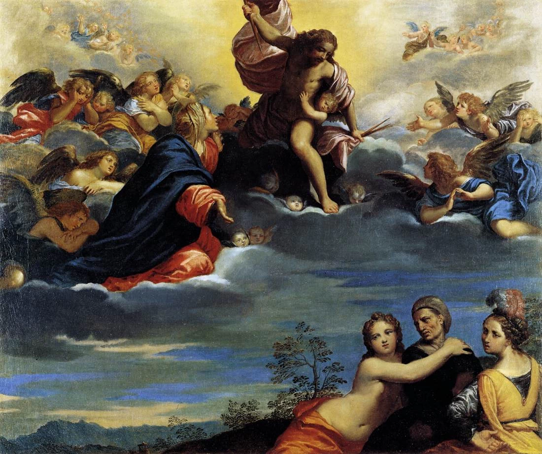 Vergine e angeli che implorano Cristo di non punire la lussuria, l'avarizia e l'orgoglio