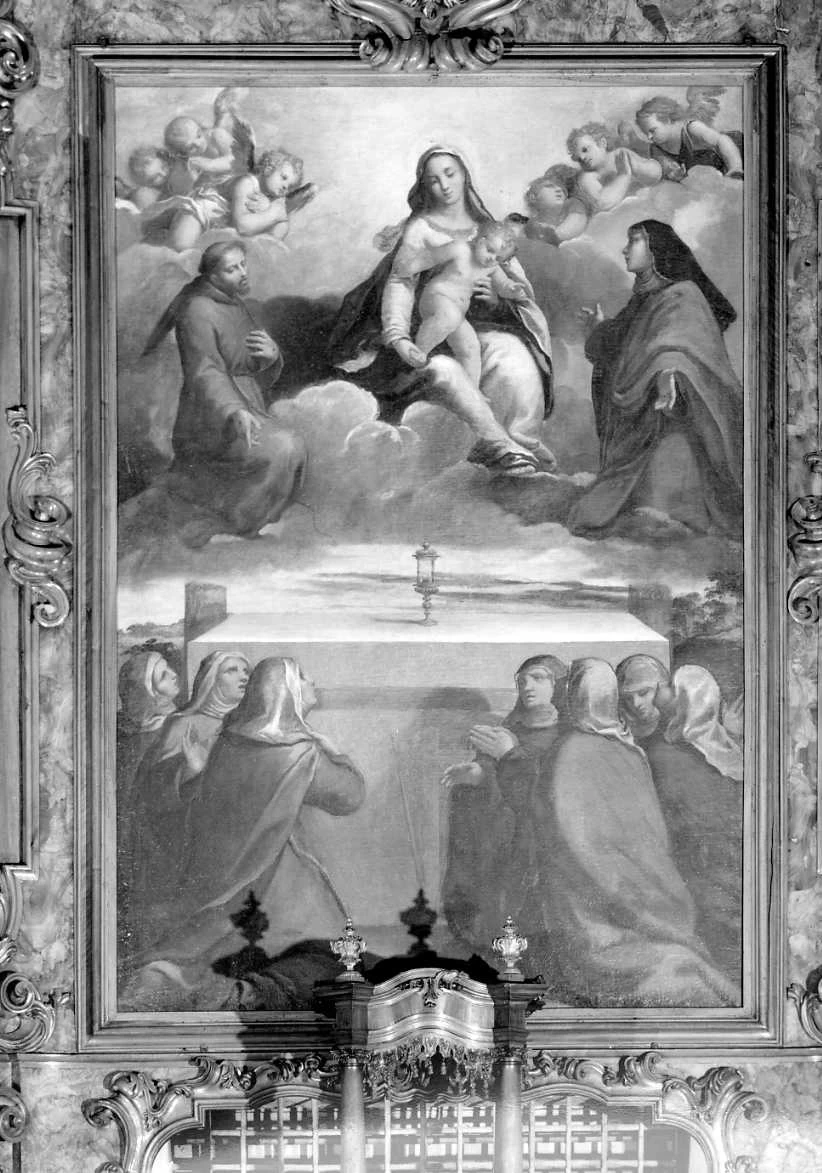 Madonna con Bambino in gloria con Santa Chiara, San Francesco e suore cappuccine in adorazione del Santissimo sacramento - Ferrara