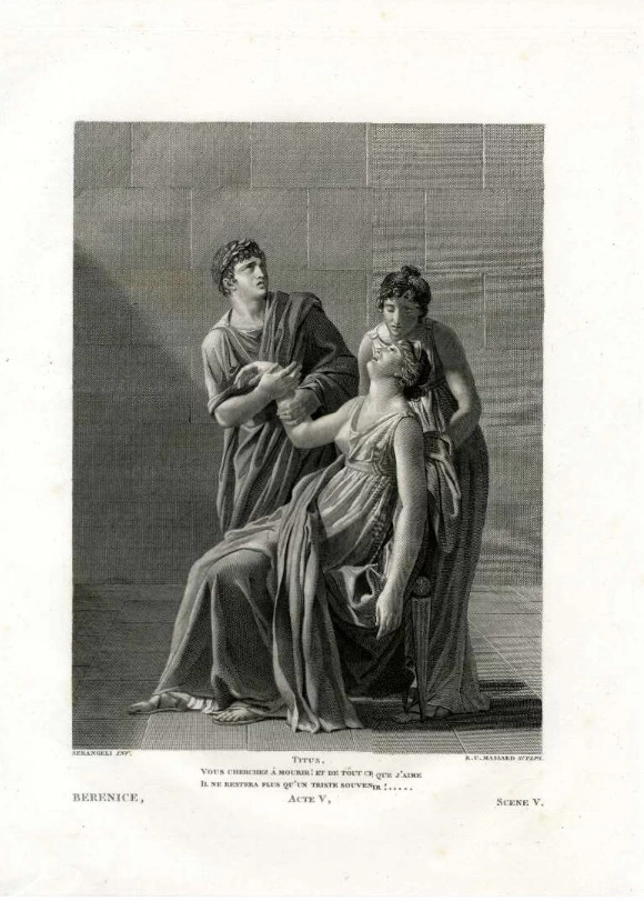 Tito che tiene il braccio di Berenice morente - illustrazione di 'Berenice', scena 5 atto V,, in 'Opere complete di Jean Racine' - British Museum