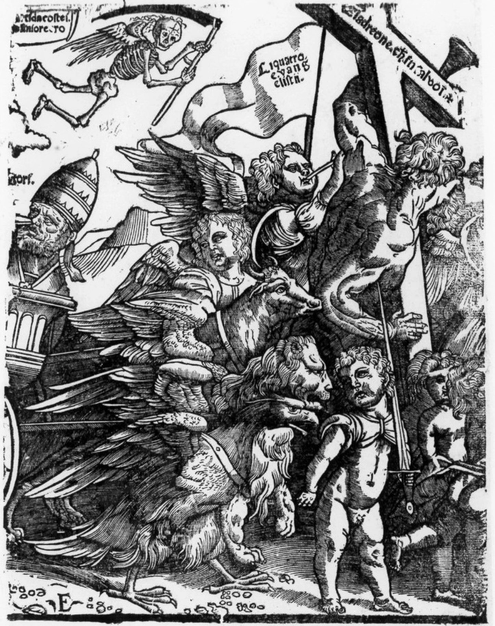 Degli Uberti L. (post 1517) - Tiziani Vecellio, Trionfo di Gesù Cristo con tetramorfo, buon ladrone che porta la croce e angeli