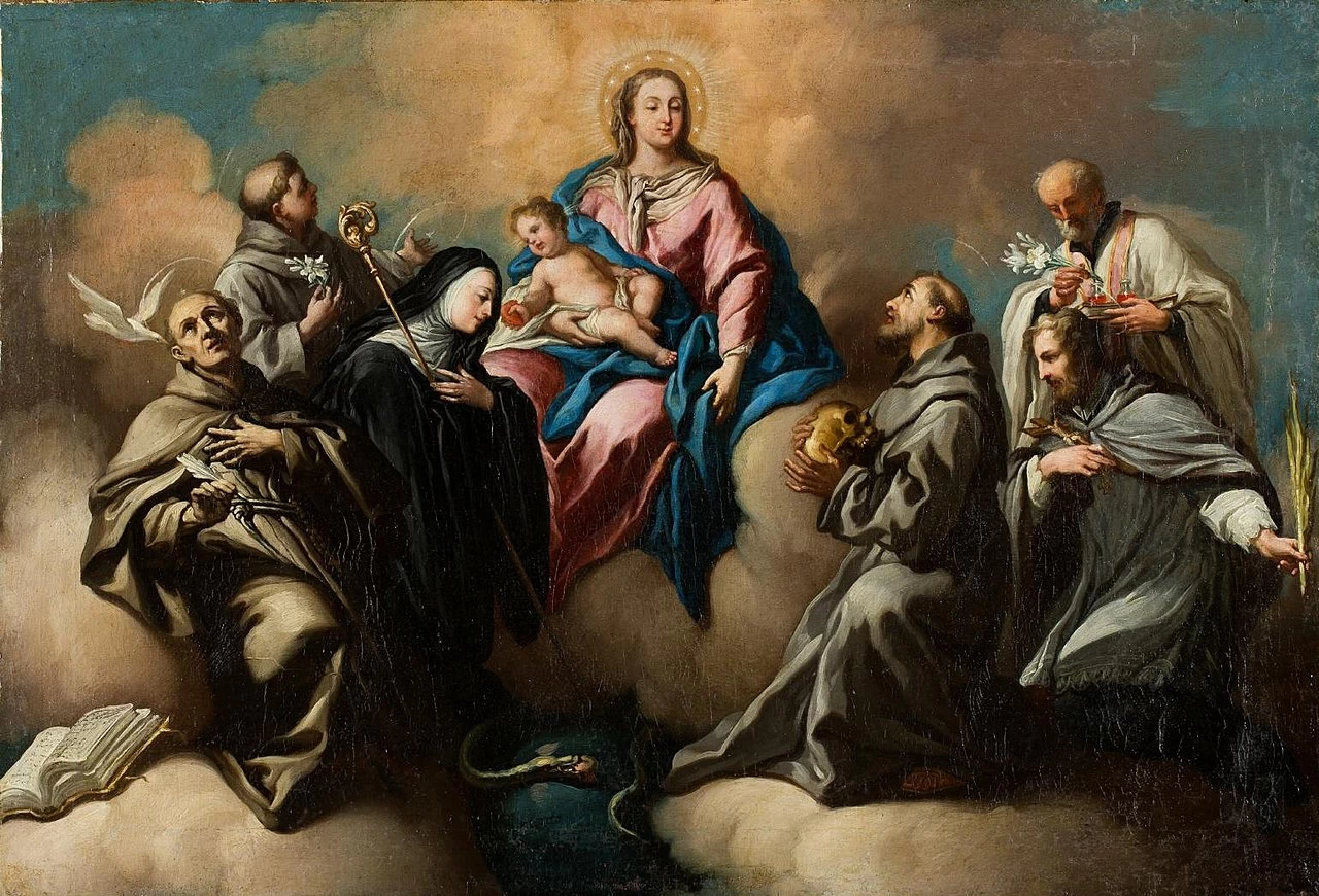 La Vergine con il bambino e i santi Gertrudis la Magna, Pedro de Alcántara, Antonio di Padova, San Francesco de Asís, Giovanni Nepomuceno, Filippo Neri
