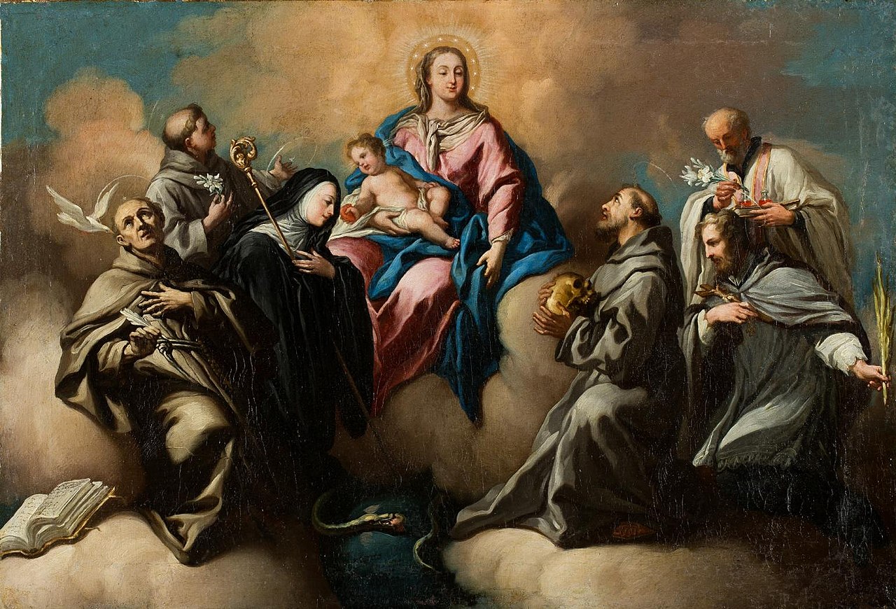 11 16 la Vergine con il bambino e i santi Gertrudis la Magna, Pedro de Alcántara, Antonio di Padova, San Francesco de Asís, Giovanni Nepomuceno, Filippo Neri