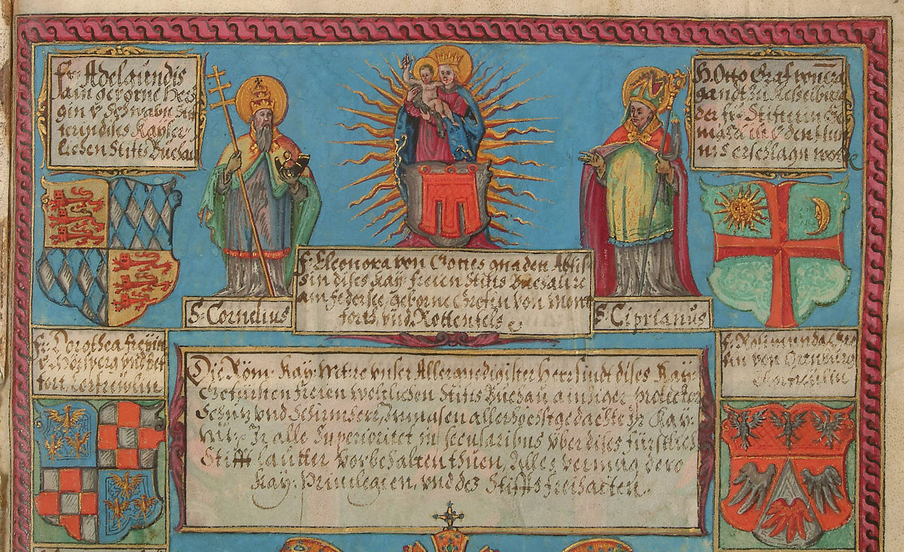 09 16 Santi Cornelio e Cipriano miniatura di un reperto d'archivio dell'abbazia imperiale di Buchau, scritta nel 1605 (Archivio di Stato di Sigmaringen)