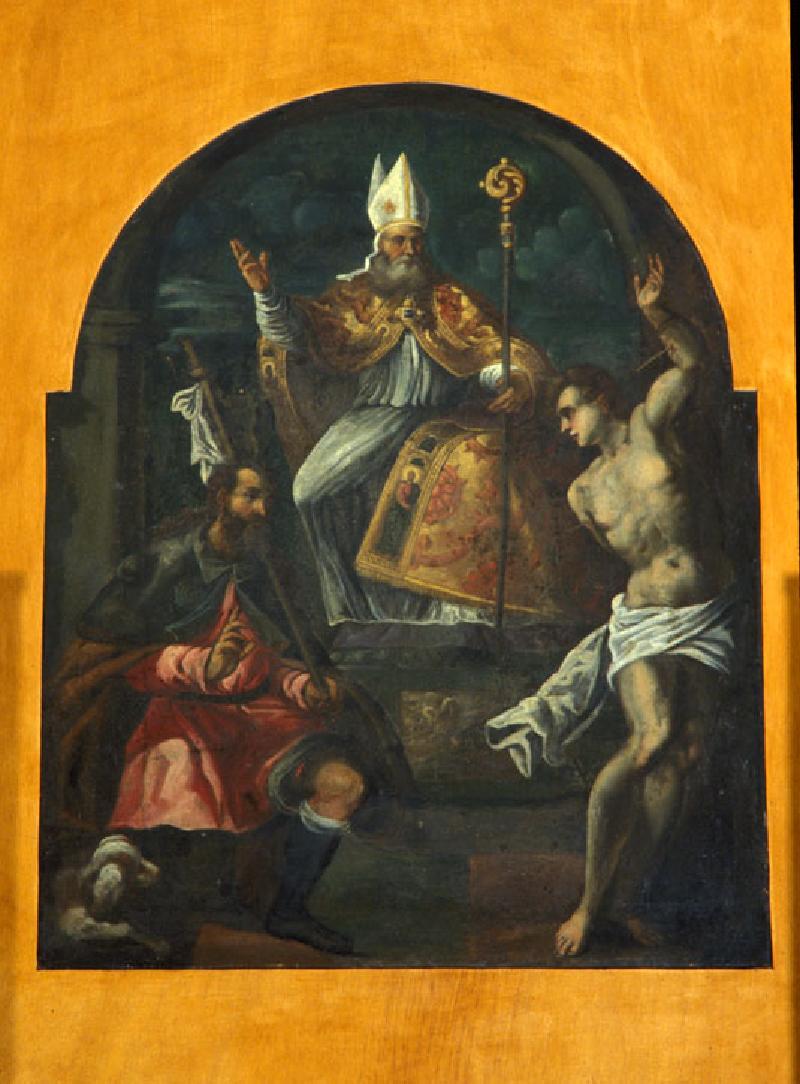 7 Ambito veneto sec. XVI, San Benedetto con i SS. Rocco e Sebastiano beweb