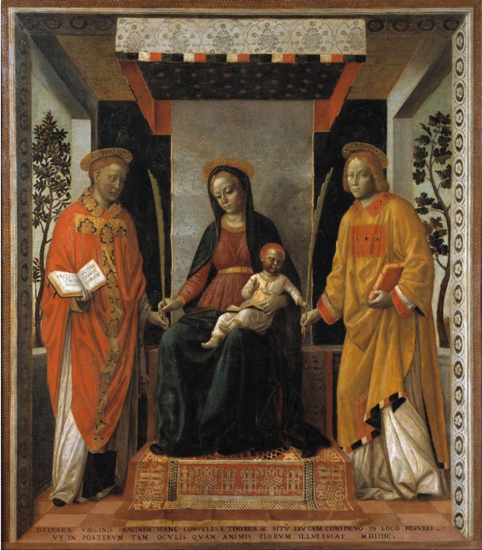 2 Vincenzo Foppa Madonna con il Bambino tra i santi Faustino e Giovita Pala dei mercanti Brescia