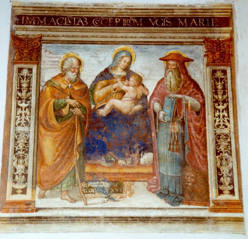 47-Caporali G. B. (1516), Madonna con Bambino tra San Giuseppe e San Girolamo-beweb
