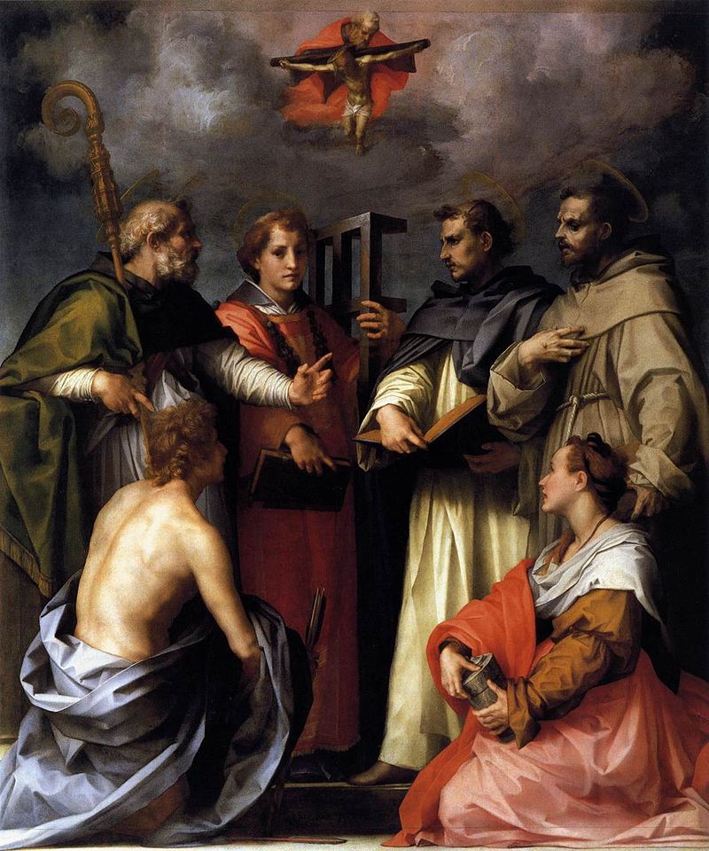 20-Andrea del Sarto-Disputa sulla Trinità con i santi Sebastiano, Maria Maddalena, Agostino, Lorenzo, Pietro e Francesco d'Assisi-Galleria Palatina, Firenze